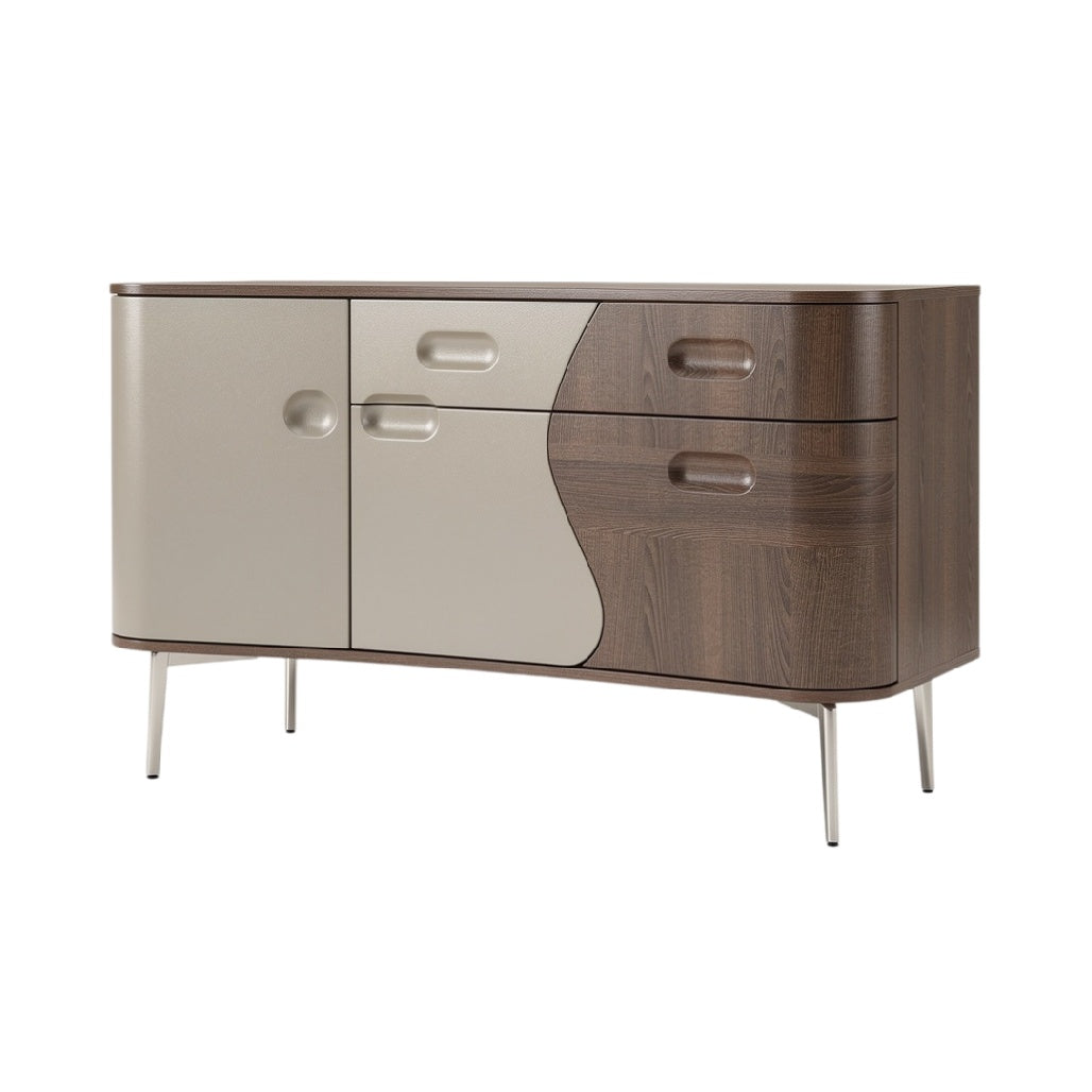 **Buffet moderne en bois avec portes asymétriques et poignées arrondies**
